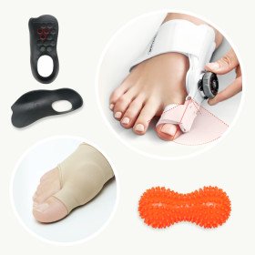 Hallux Valgus készlet: bütyök korrigáló sín, géllel párnázott bandázs, ízület lazító, keményített féltalpbetét, masszázslabda